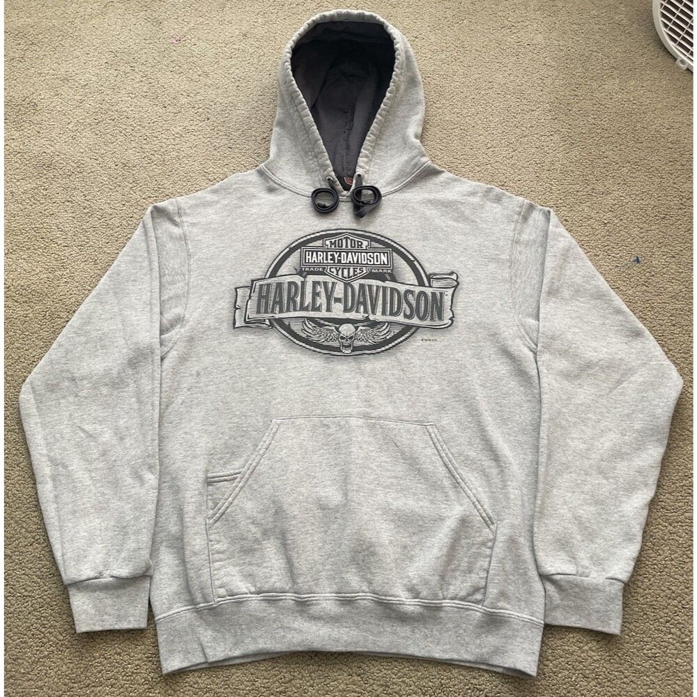 Harley Davidson Hoodie Mens M Gray Skull Wings Y2K Biker Back hit Motorcycle